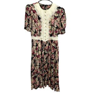 Vintage 80s Lisa II Floral Cottage Core Dress Lace Detail Size 12